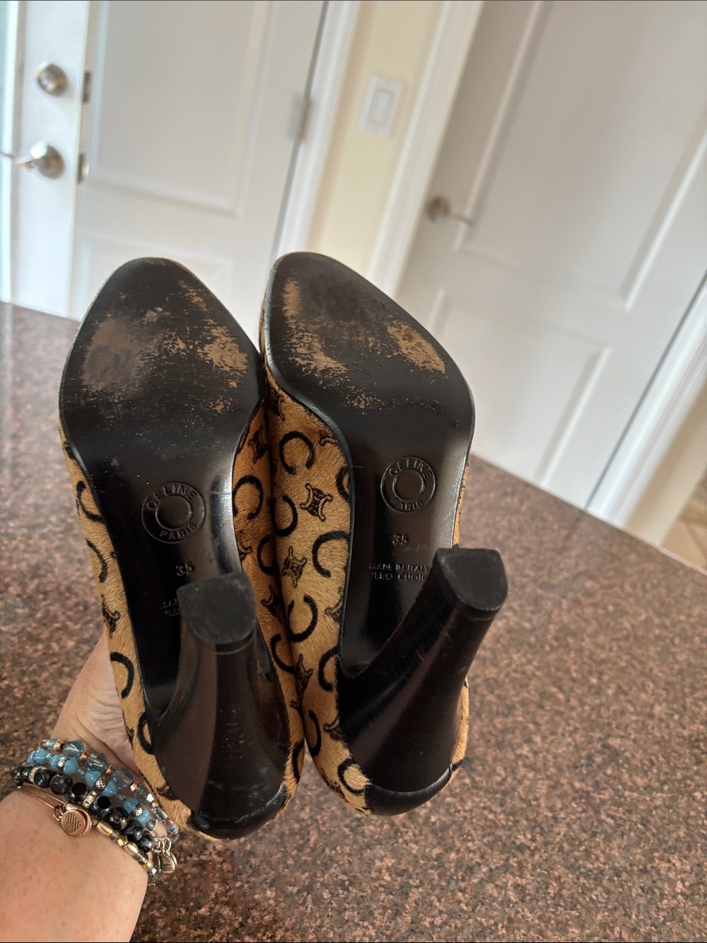 Celine Paris Ladies Tan Logo-Print Pony hair Red Interior Mary Jane Heels-5 - Picture 7 of 9
